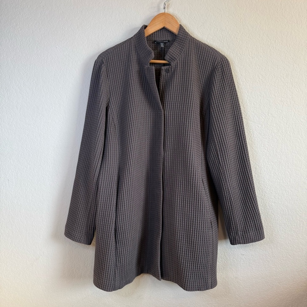 Eileen Fisher Rye Stand Collar Long Jacket Smoky Gray Long Sleeve Top Size Med